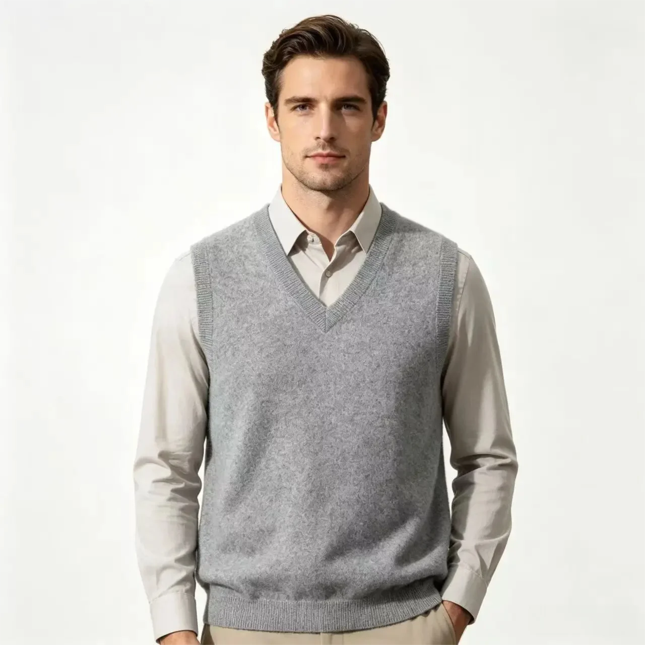 Men's V-Neck Pullover Sleeveless Vest 100% Pure Cashmere Soft Fashionable Casual Base Sweater 2026 New