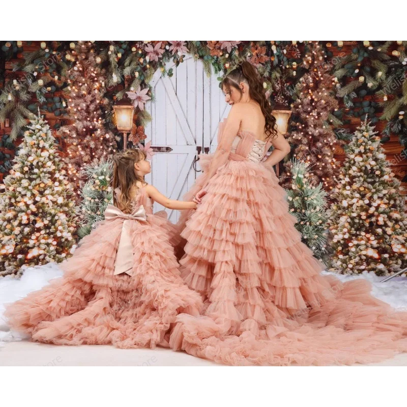 Blush Pink Ruffled Tulle Formal Gowns For Mother And Daughter Lush Mesh Lace Up Back Prom Gowns Tiered Ruffles Party Dress