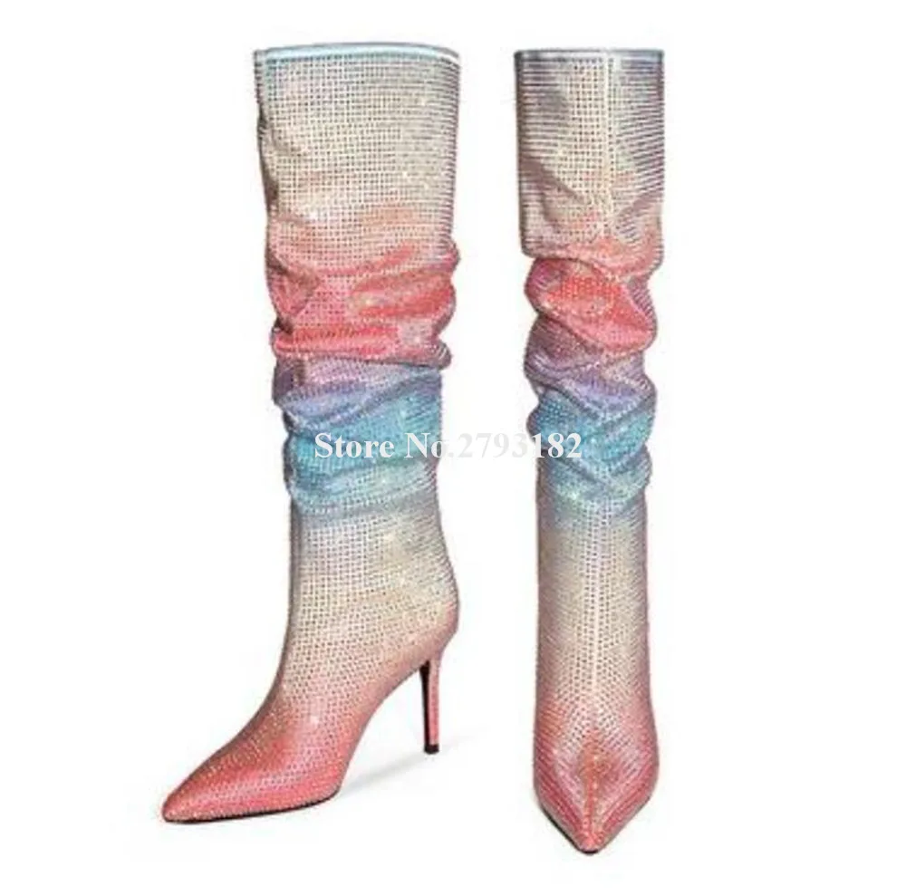 Charming Gradient Rhinestones Thin Heel Knee High Boots Bling Bling Pointed Toe Colorful Crystals Stiletto Heel Long Boots