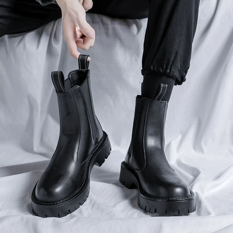 Men's Chelsea Boots Winter Warm Fur Lined British Style Black Ankle Boots Fashion Trend High Top Shoes for Men