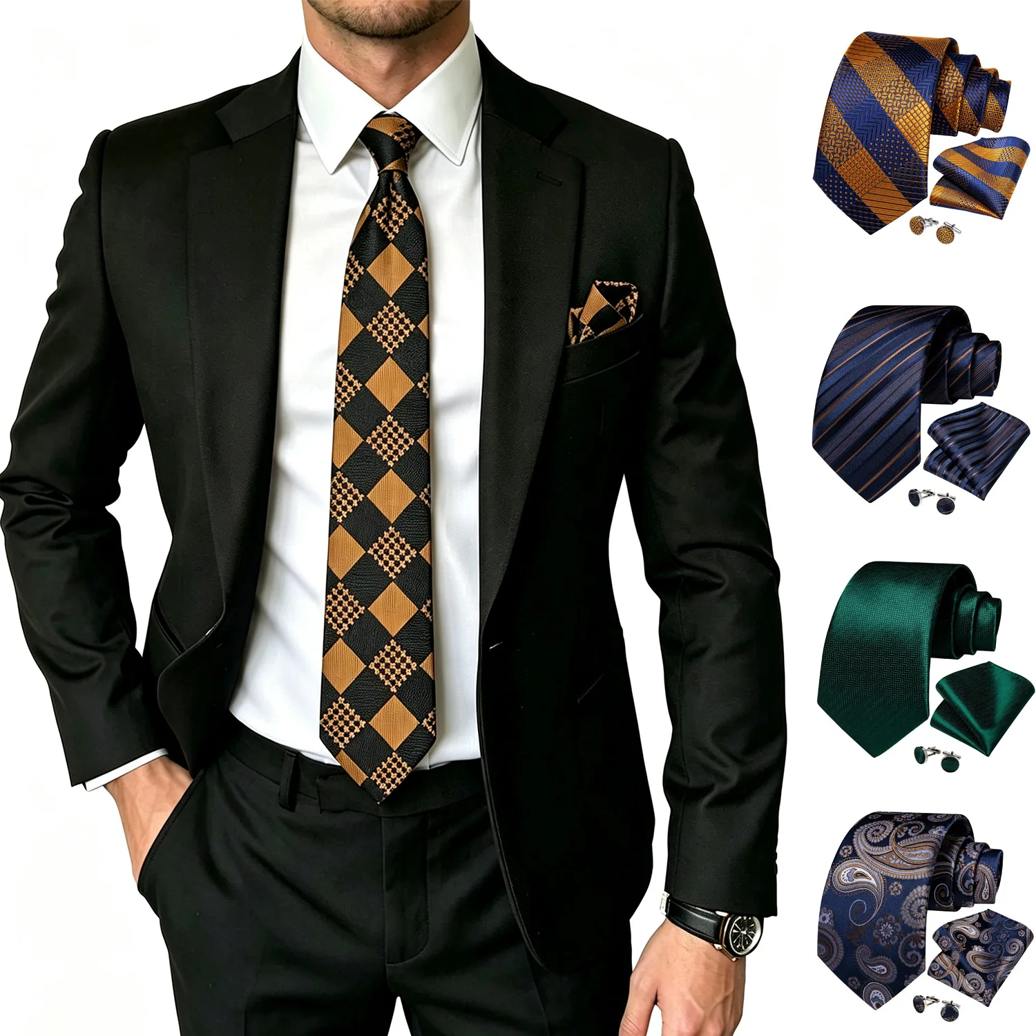 Brown Green Blue Mens Tie Set 3 Piece, Striped Solid Paisley Necktie Cufflinks Pocket Square For Business