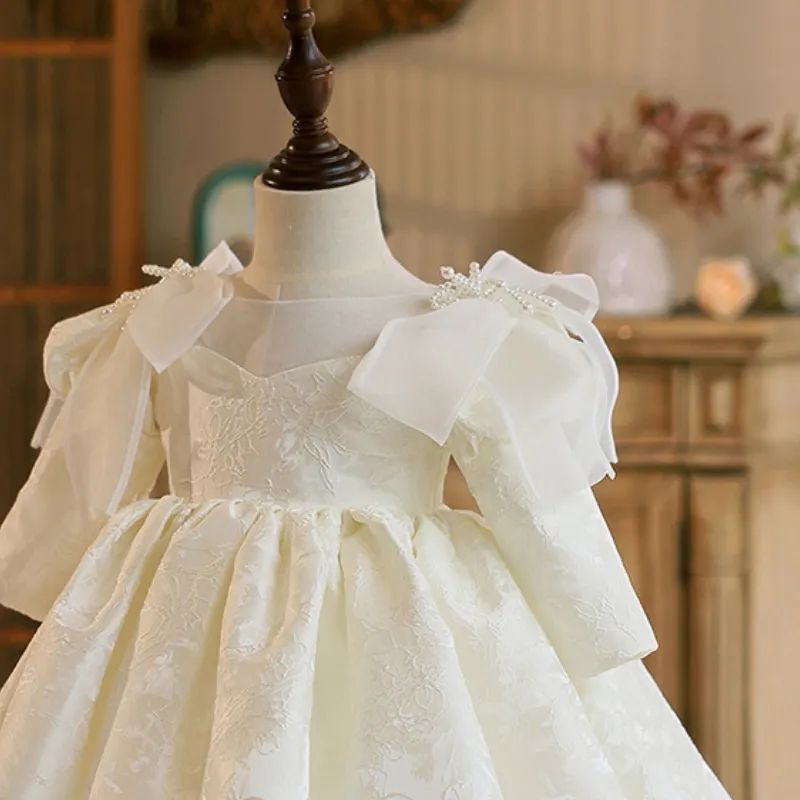 Fashion Baby Girl Princess Bow Pearl Dress Long Sleeve Infant Toddler Child Vestido Wedding Party Birthday Baby Clothes 12M-14Y