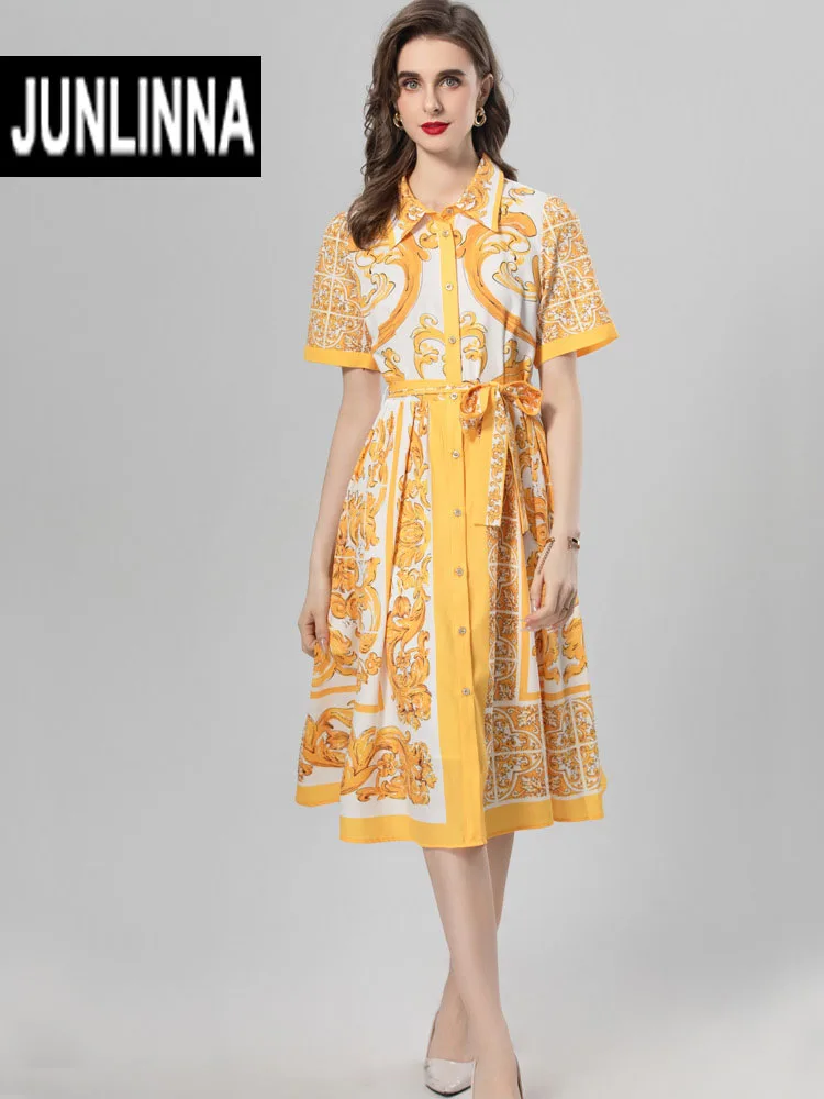 JUNLINNA Fashion Summer Retro Dresses Turn-down Collar Short Sleeve Yellow Porcelian Digital Printing Party Holiday Vestidos