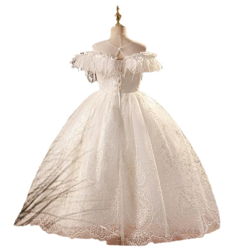 2024 Royal Party Dress for Junior Girls Kids White Lace Feather Bridesmaid Dresses for Weddings Teenager Piano Performance Gowns