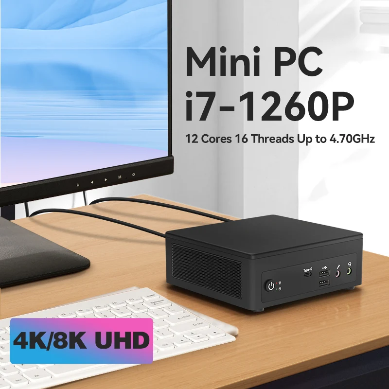 Procesor biurowy Mini komputer Intel i7 1260P 12 rdzeni Windows 11 DDR4 M.2 podwójny częstotliwość WiFi wyświetlacz 4K 8K UHD NVMe SSD