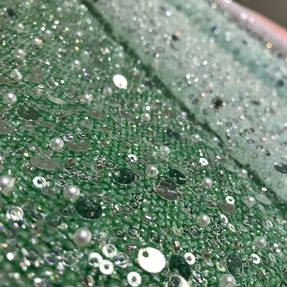 Multicolor Bright Glitter Tulle French Net Beaded Sequin Lace Fabric with Pearl High Quality Women Evening Dress Sewing Material