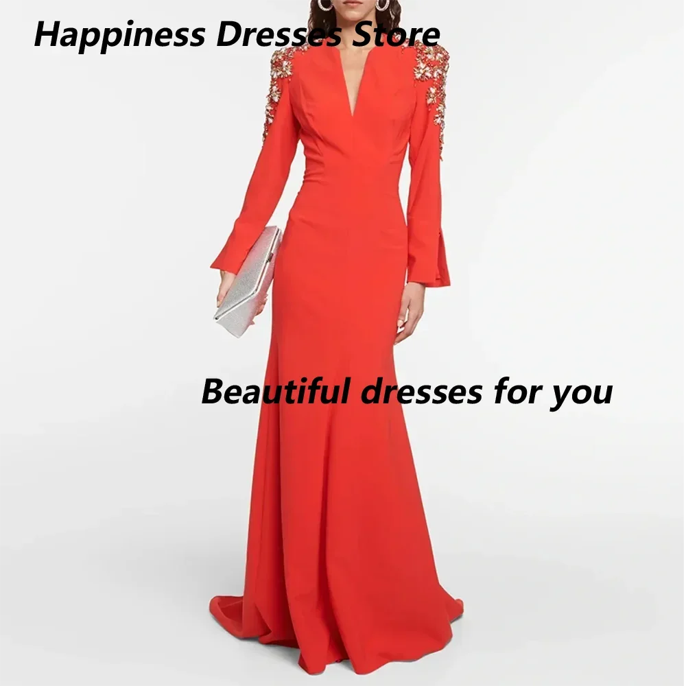 Customized Elegant Mermaid Prom Dress Crystals Long Sleeves Evening Party Dress Floor Length Bespoke Occasion Dresses