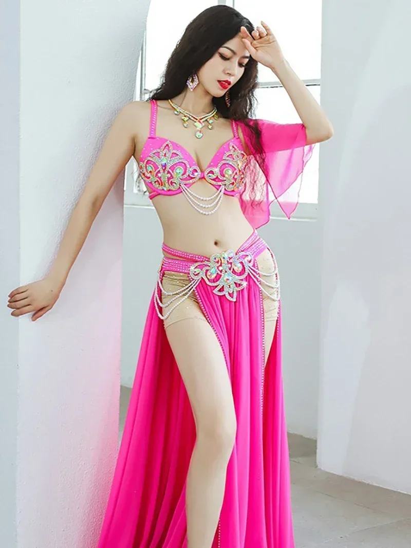 Women Belly Dance Performance Dress Long Sleeve Diamonds Double Slit Large Swing Skirt with Chain Competition Performance Set