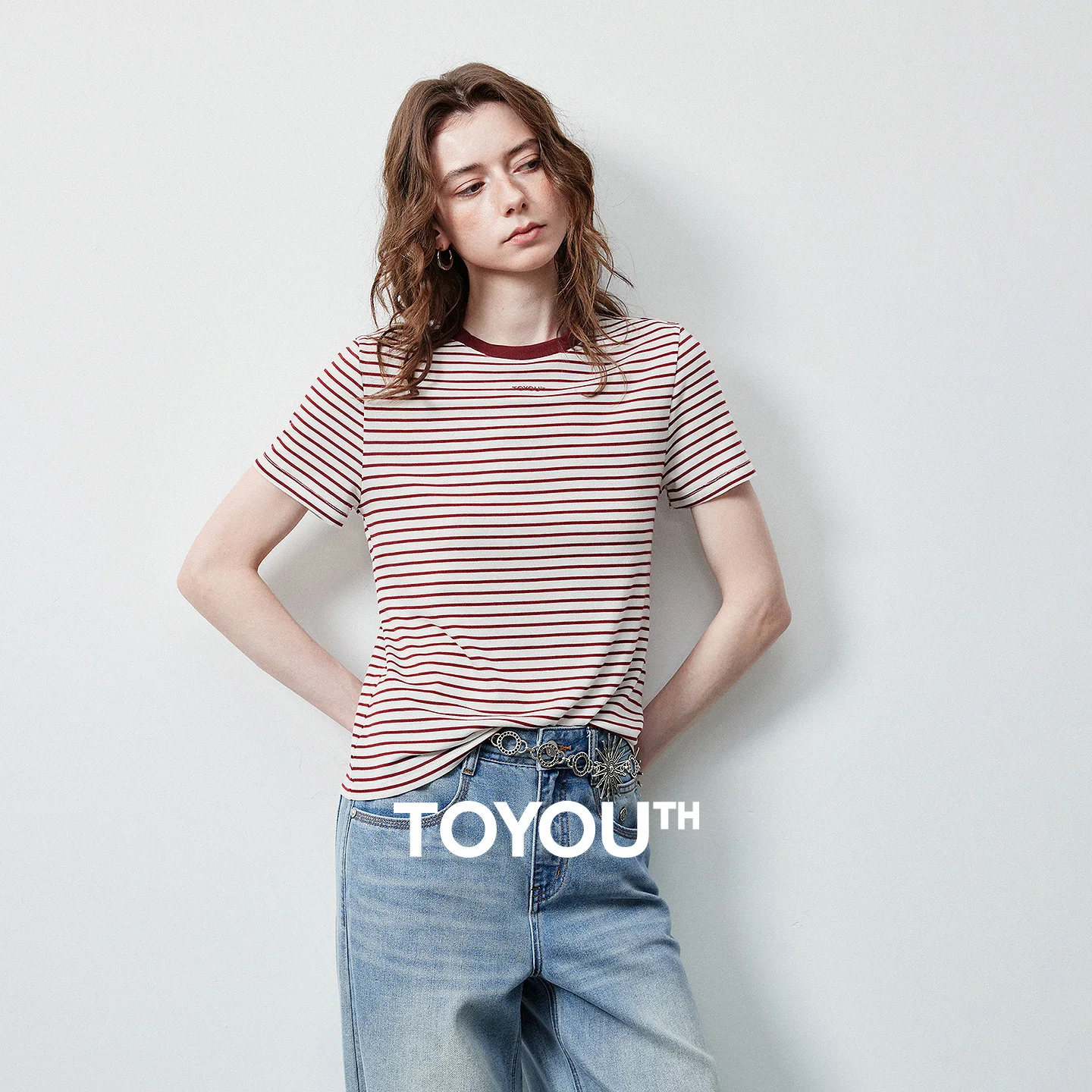 TOYOUTH Women T Shirt 2026 Summer New Lyocell Wool Stripe Red White Slim Fit Regular Shoulder Crew Neck Casual Tops