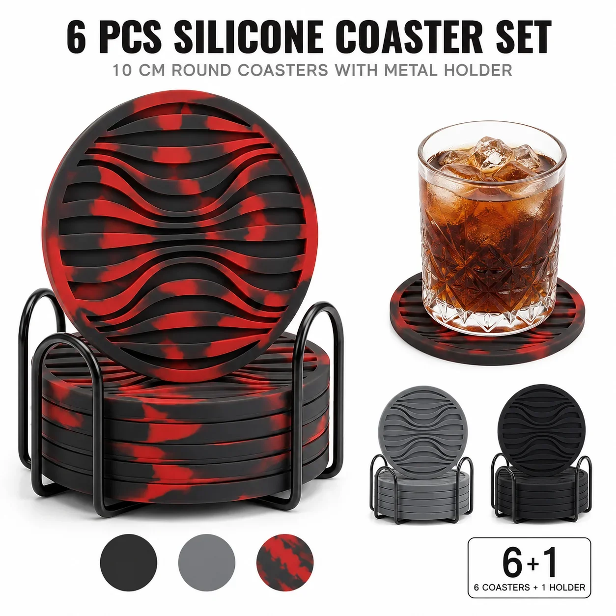 6 Pack Round Silicone Drink Coasters Set With Holder Non Slip Deep Grooved Cup Mats Heat Resistant Coffee Bar Accessories