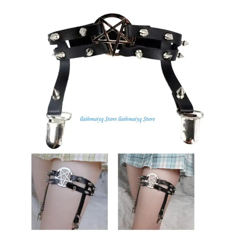 

573B Punk Thigh Strap Leg Garter Star Rivet Studded Leg Harness For Women Teens