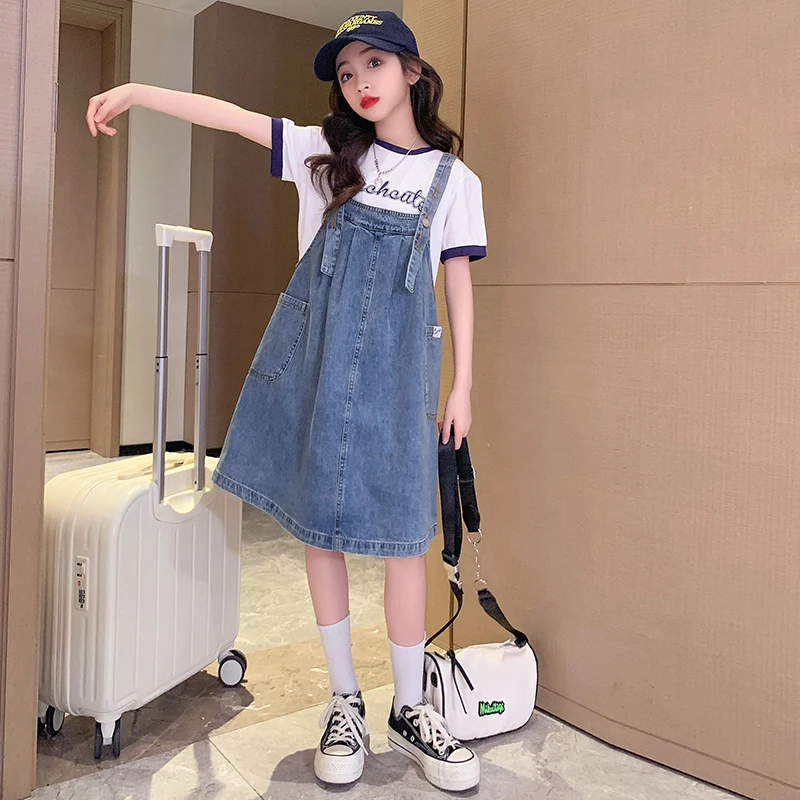 2024 skirt for Girls denim skirt kids summer clothing dress suspender skirt short-sleeved T-shirt children's two-piece set