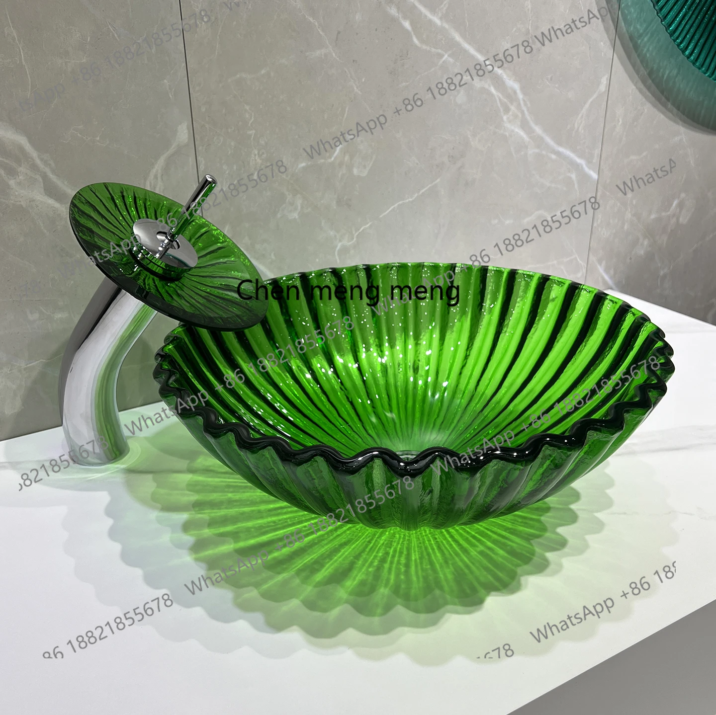 

Tempered Glass Wash Basin Bathroom Wave Shape Modern Minimalist Round Transparent Green