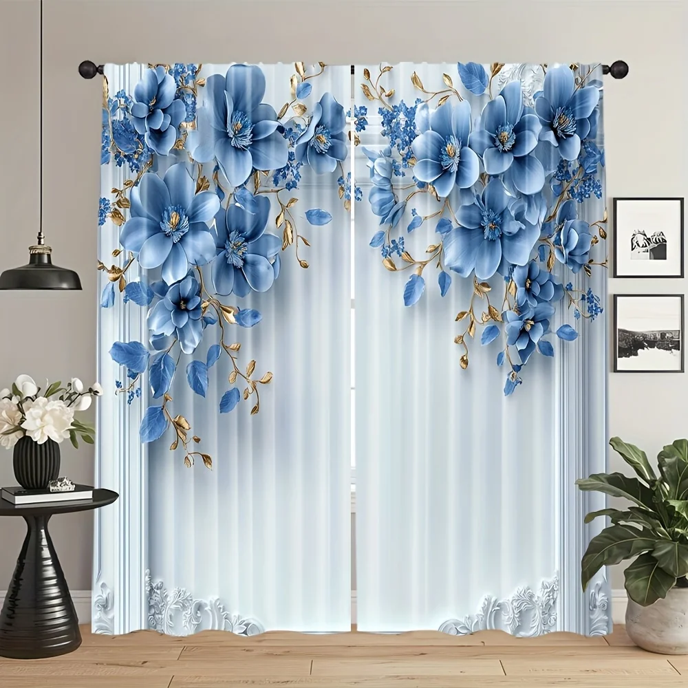2pcs Elegant Blue Floral Print Curtains – Polyester Rod Pocket Panels for Dining Room, Bedroom & Living Room