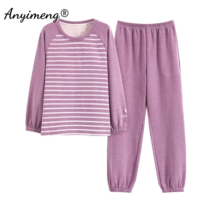 

New Winter DE Velvet Fabric Women Pajamas Set Warm Ladies Sleepwear Round Collar Long Sleeves Pijamas for Girl Fashion Pyjama