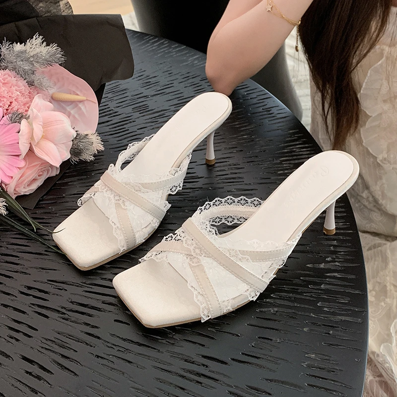 

Summer New Women Shoes Fashion Lace Open Toe Mueller Slippers for Woman Elegant High Heeled Sandals Designer Shoes Zapatos Mujer