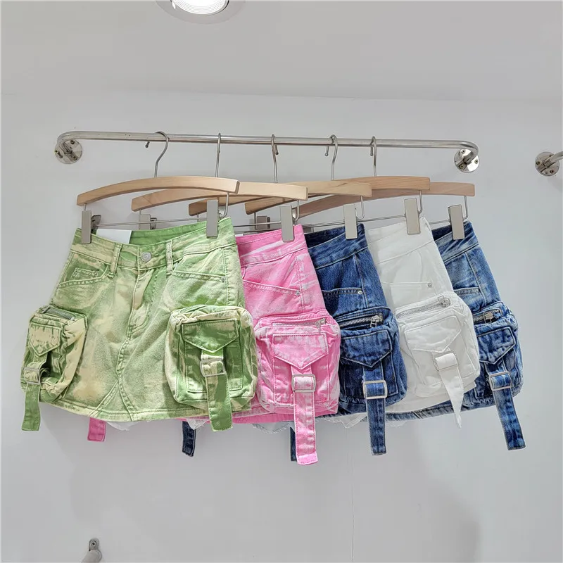 

Vintage Denim Mini Skirt Women 2025 Summer Utility Pocket ALine Bodycon Sexy Streetwear Stretch Denim Short Skirt woman clothing
