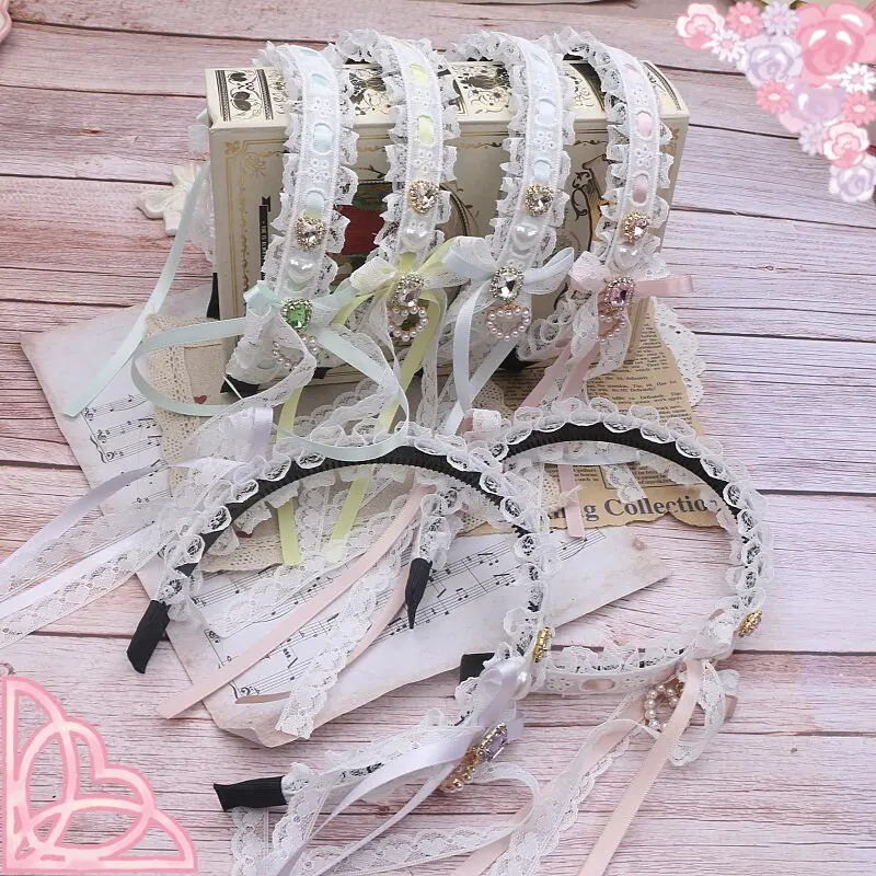 

Милая женская повязка для волос в стиле Y2K: кружевной бант ручной работы с кисточками и стразами