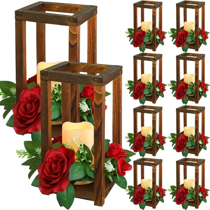 

10 Set 30 Pcs Wooden Wedding Lantern Centerpiece Integrated Candle Holders with Candles and Candle Wreaths Rustic Wooden