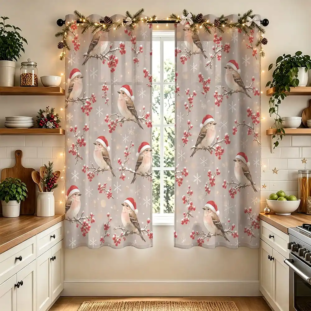 2pcs Christmas Bird Red Fruit Snowflake Santa Hat Print Curtains Perforated Split Light Blocking Window Drapes for Living Roo