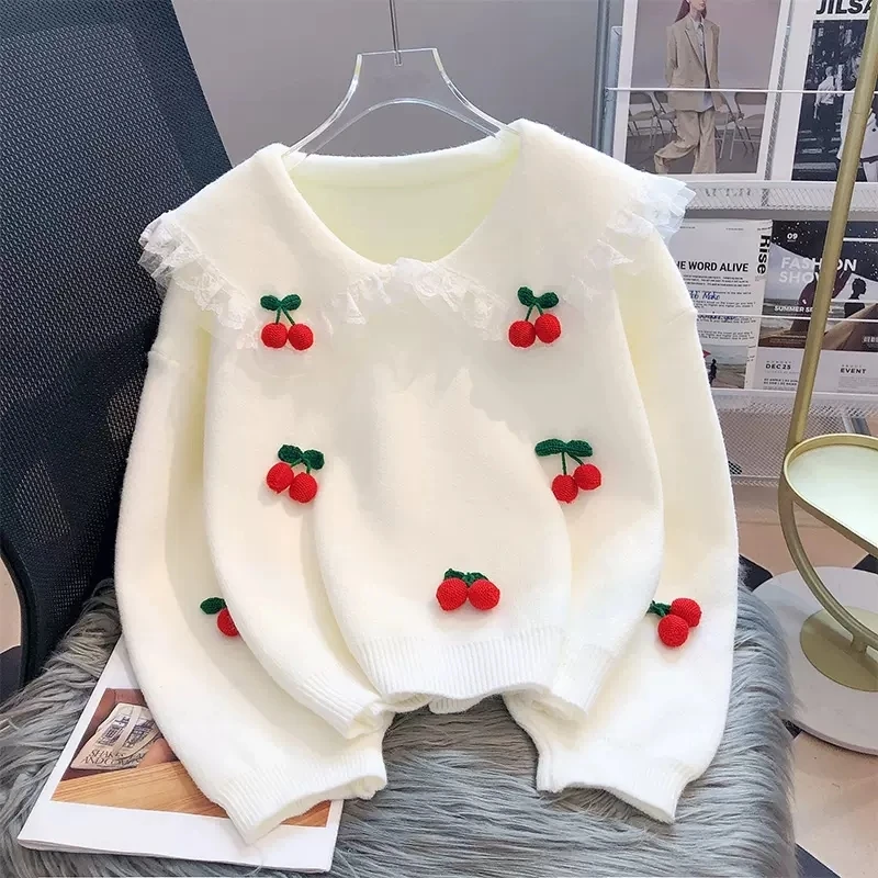 Vintage Women Autumn Winter Strawberry Pattern Embroidery Sweaters Casual Baggy Long Sleeve Pullover Oversize