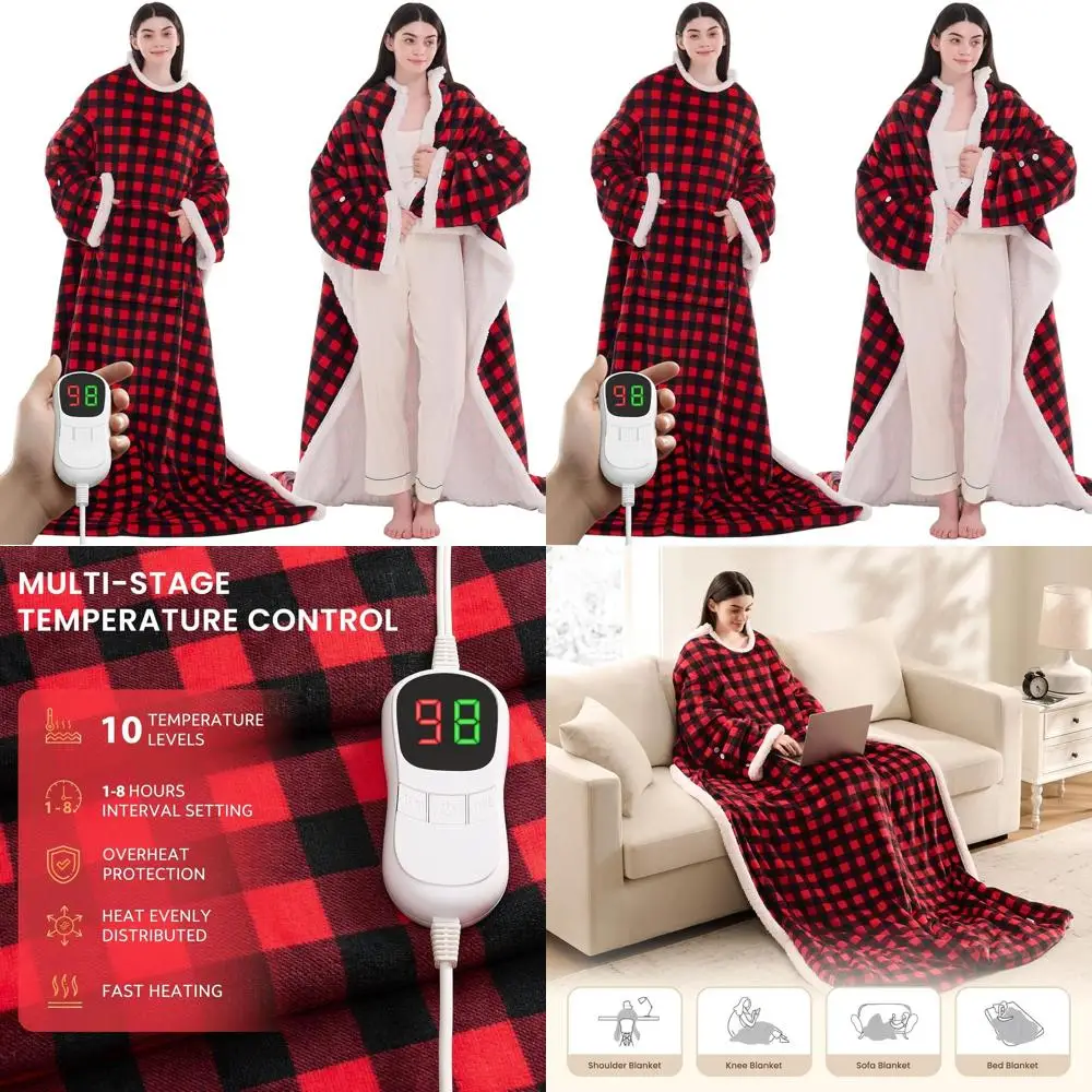 

Heated Electric Blanket Shawl: Sherpa Hoodie Wrap with 10 Heat Levels & Adjustable Timer Settings, 50x75 Red Plaid