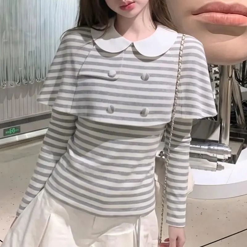 Girl's striped doll collar cloak long sleeved top 2026 new autumn and winter versatile cute slimming top for children