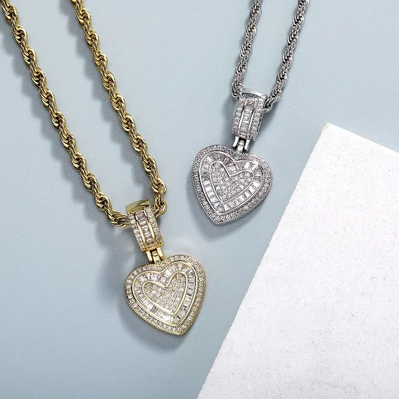 Iced Out Heart Pendant Necklace Rope Chain Baguette CZ Love Charm Gold Silver Black Hip Hop Jewelry Gift for Men Women