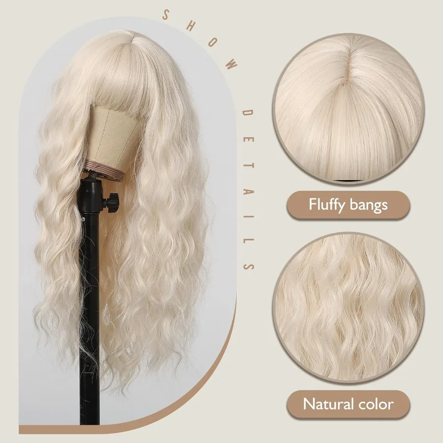 طويل البلاتين شقراء مجعد بيروكات صناعية مع الانفجارات للنساء والفتيات ألياف مقاومة للحرارة متموجة الأبيض قطع الشعر للحزب D #3