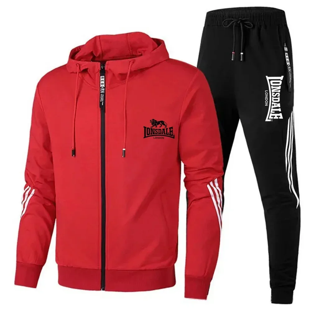 A trendy men's spring and autumn zippered hooded jacket and long pants two-piece fitness jogging casual sportswear set