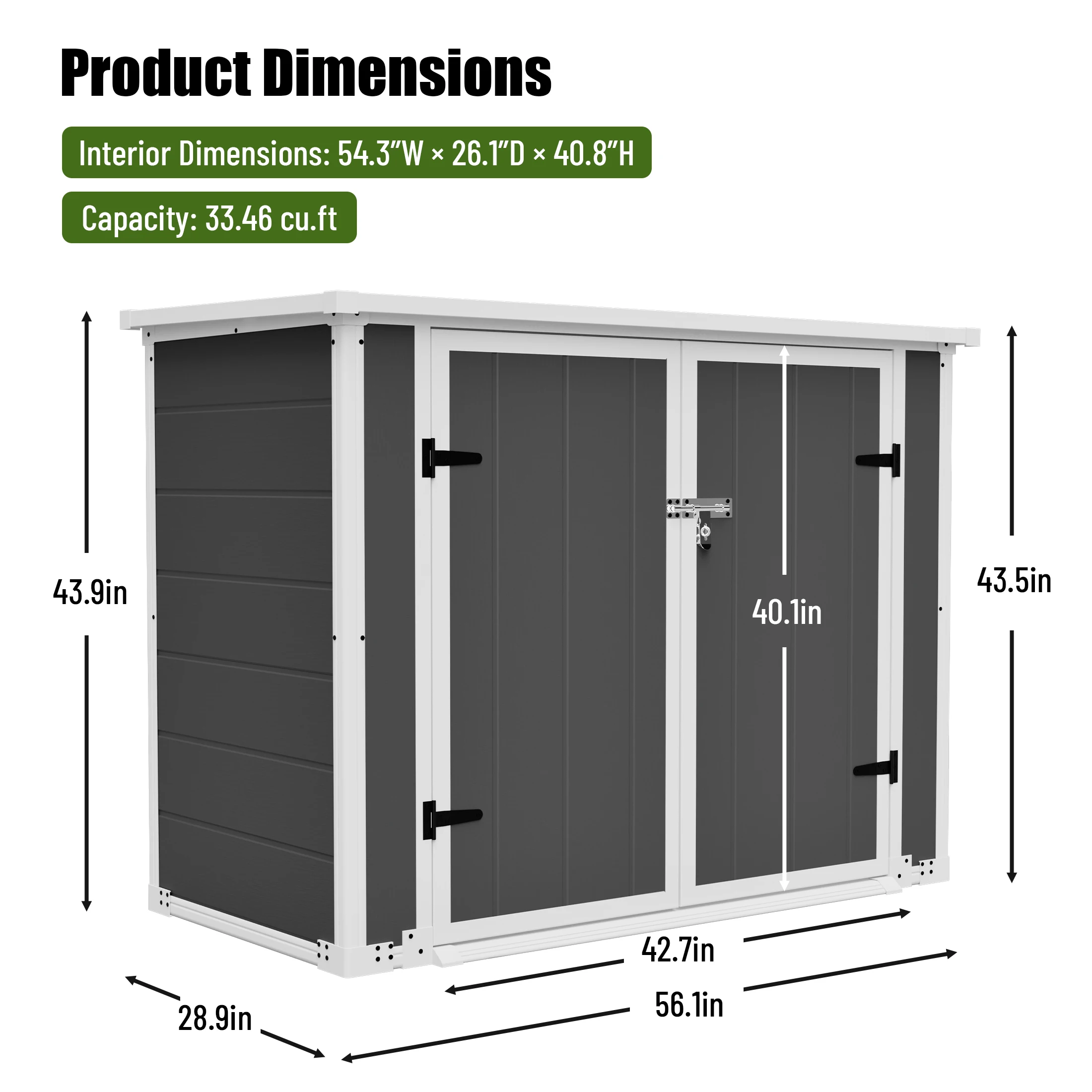56×29×44in Gray  Resin Plastic Outdoor Storage Shed with Lockable Double Doors Waterproof All Weather Utility Cabinet for Garden Tools Trash Cans Backyard Patio