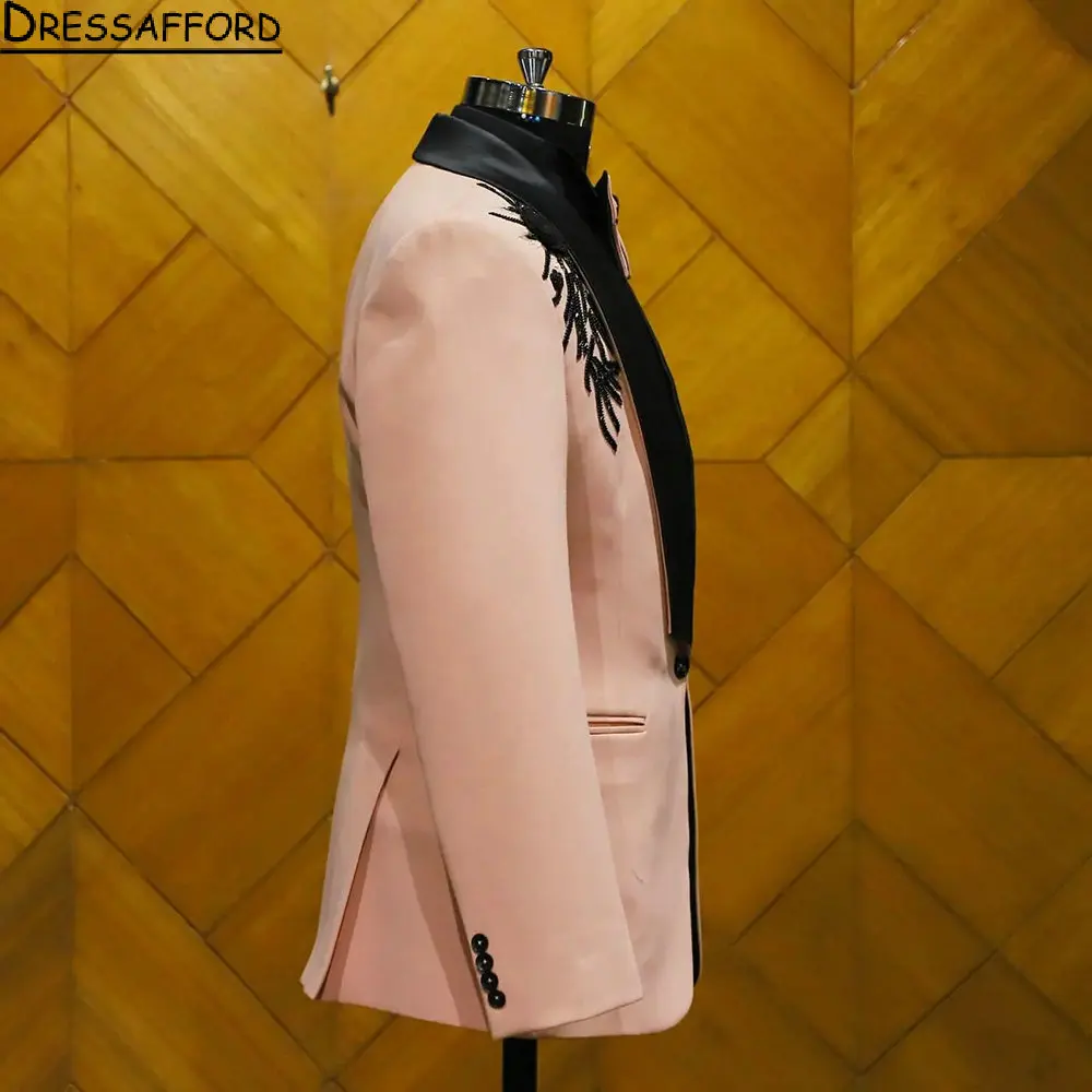 Esmoquin de boda rosa para novio, trajes formales con apliques de flores 3D, Blazer de graduación negro hecho a medida, conjuntos de moda masculina