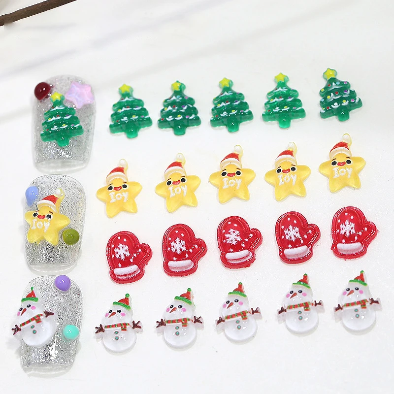 10Pcs Christmas Cartoon Nails Decoration Santa Claus Elk Bell Tree Resin Nail Charms Cute Jewelry Party Decoration Accessories