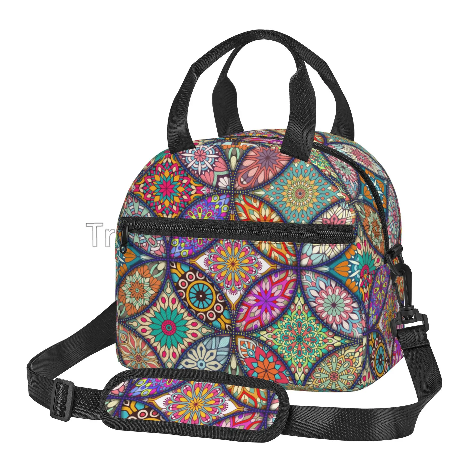 

Bohemian Ethnic Flower Insulated Lunch Bag Mandala Reusable Thermal Lunch Tote Bag with Adjustable Strap for Work Picnic Beach