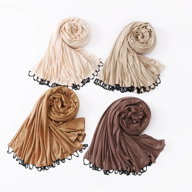 New Elastic Breathable Pure Color Mercerized Cotton Head Hand Beading Baotou ScarfjerseyJersey Shawl