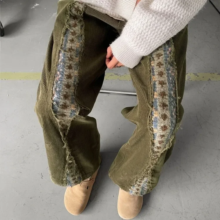 Y2k خمر سروال قصير أخضر للنساء القوطية ثقافة فرعية الشارع الشهير سراويل تقليدية Harajuku بنطال ذو قصة أرجل واسعة Pantalones Mujer