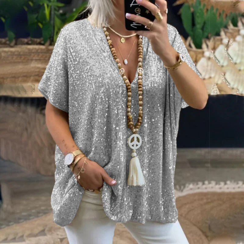 Summer Casual Loose V-neck Pullover Tops Sequins Decoration Women New Gold T-Shirt Fashion Solid Streetwear Tees Blended Clothes