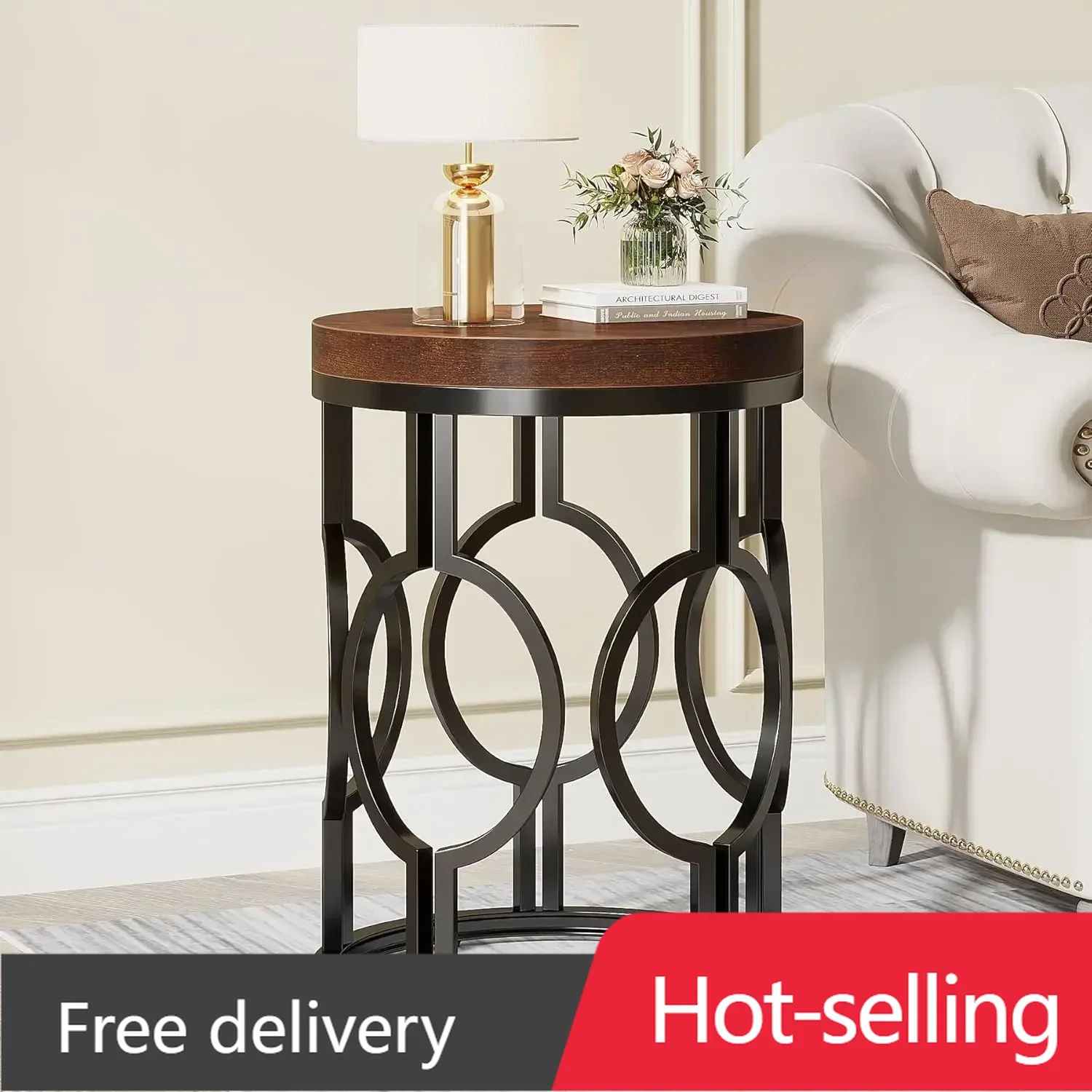 

Round End Table, Industrial SideTable with Metal Hollow Frame, Small Bedside Table Nightstand for Living Room, Bedroom (1PC)