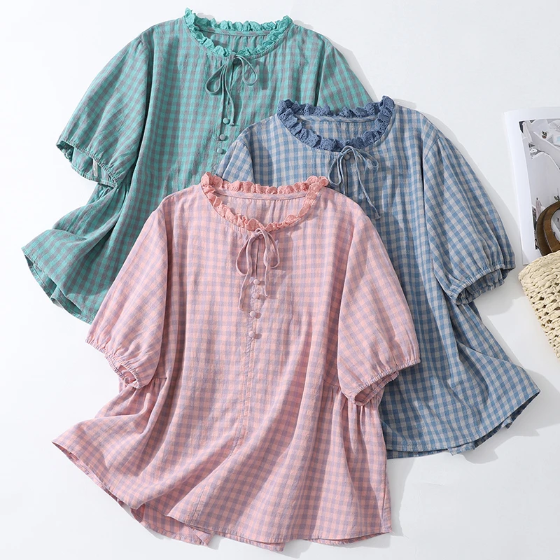

Summer New Plaid Short Sleeve Loose Fit Shirt with Bow Tie Lace Collar Casual Versatile Cotton Polyester Blend Women's Top