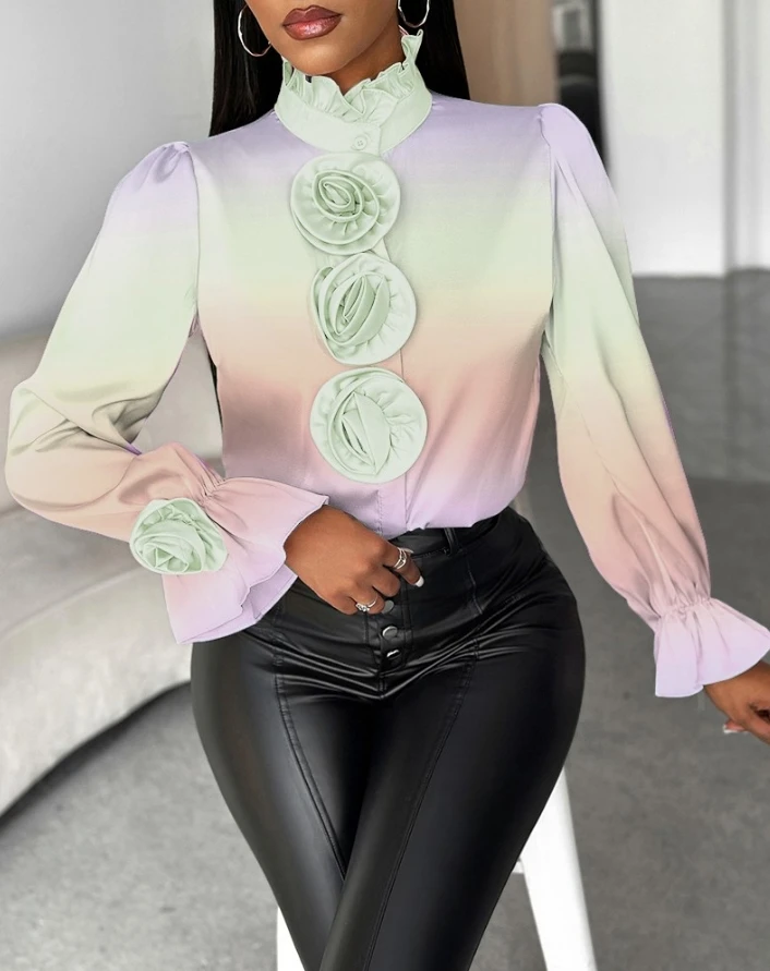 2024 Women's Spring/summer Half High Neck Flare Sleeves Rainbow Gradient Ombre Rose Detail Tassel Bottom Stand Up Neck Top