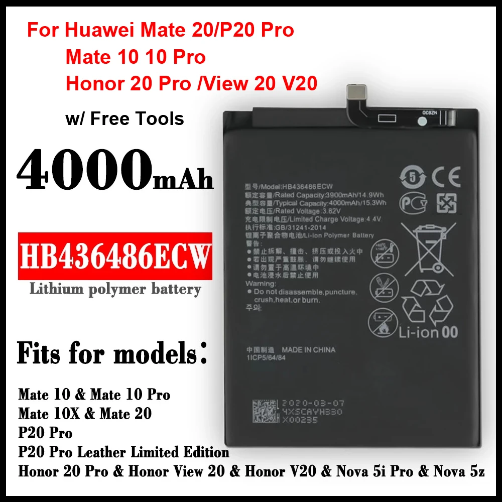 

New 4000mAh HB436486ECW Phone Battery For Huawei P20 Pro / Mate 20 10 / 10Pro /HMA-L09 L29 / Honor 20 Pro View 20 9i G10 7X