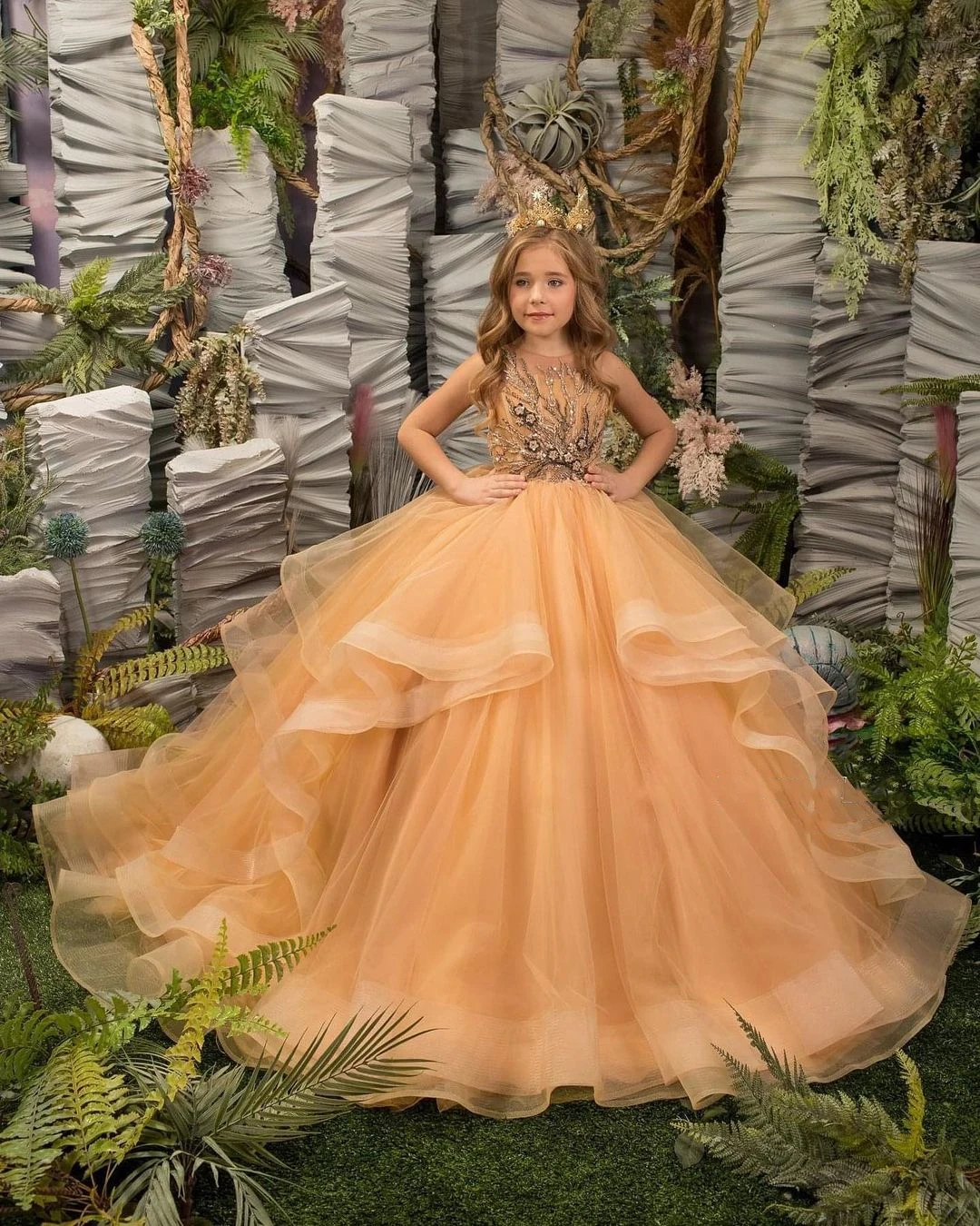 

Yellow Applique Flower Girl Dress For Wedding Ruffles Tulle Puffy Floor Length Princess Kids Pageant First Communion Ball Gown