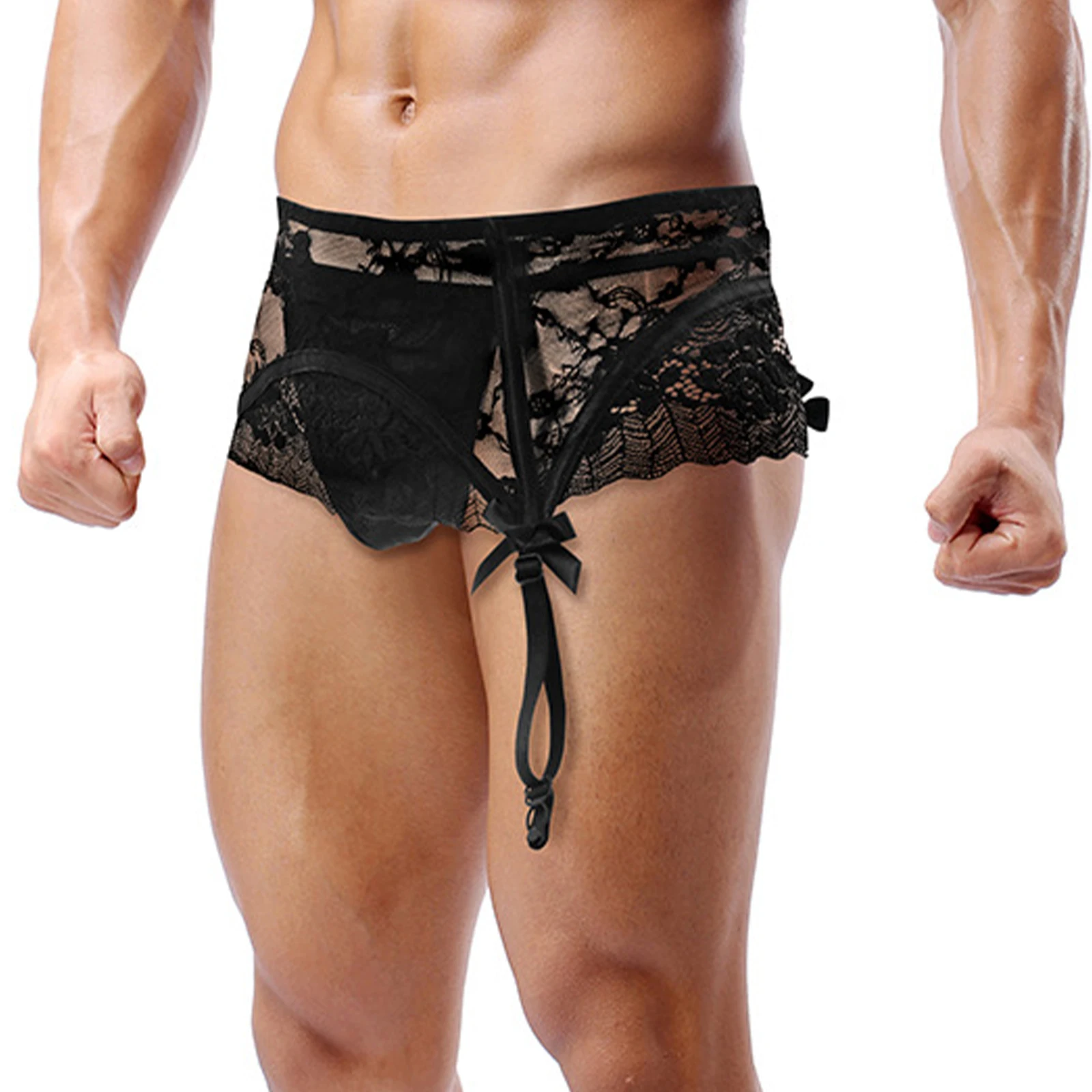 

Mens Sissy Lingerie Costume See Through Floral Lace T-back Underwear with Garter Belt Straps Clips Crossdresser Thongs Nightwear