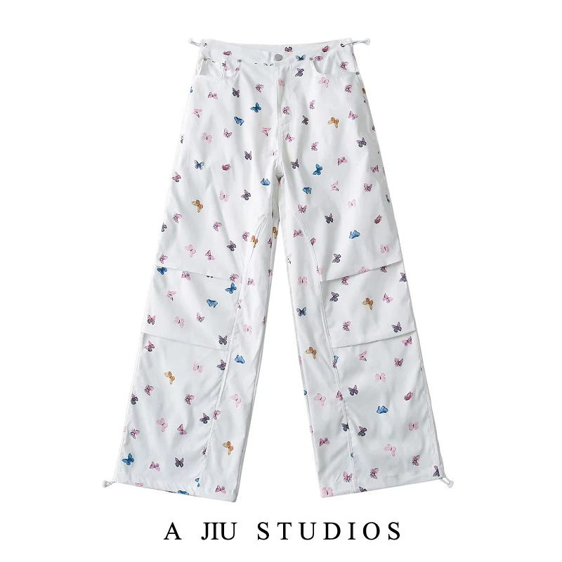 Amerikanische Süße Druck Casual Arbeit Hosen Frauen Sommer Hohe Taille Dstring Lose Gerade Bein Hosen Breites Bein Lange...