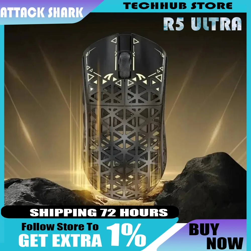 

Беспроводная мышь Attack Shark R5 Ultra 8K, трехрежимная легкая мышь PAW3950, углеродное волокно, 42000 точек на дюйм, полая игровая мышь для киберспорта