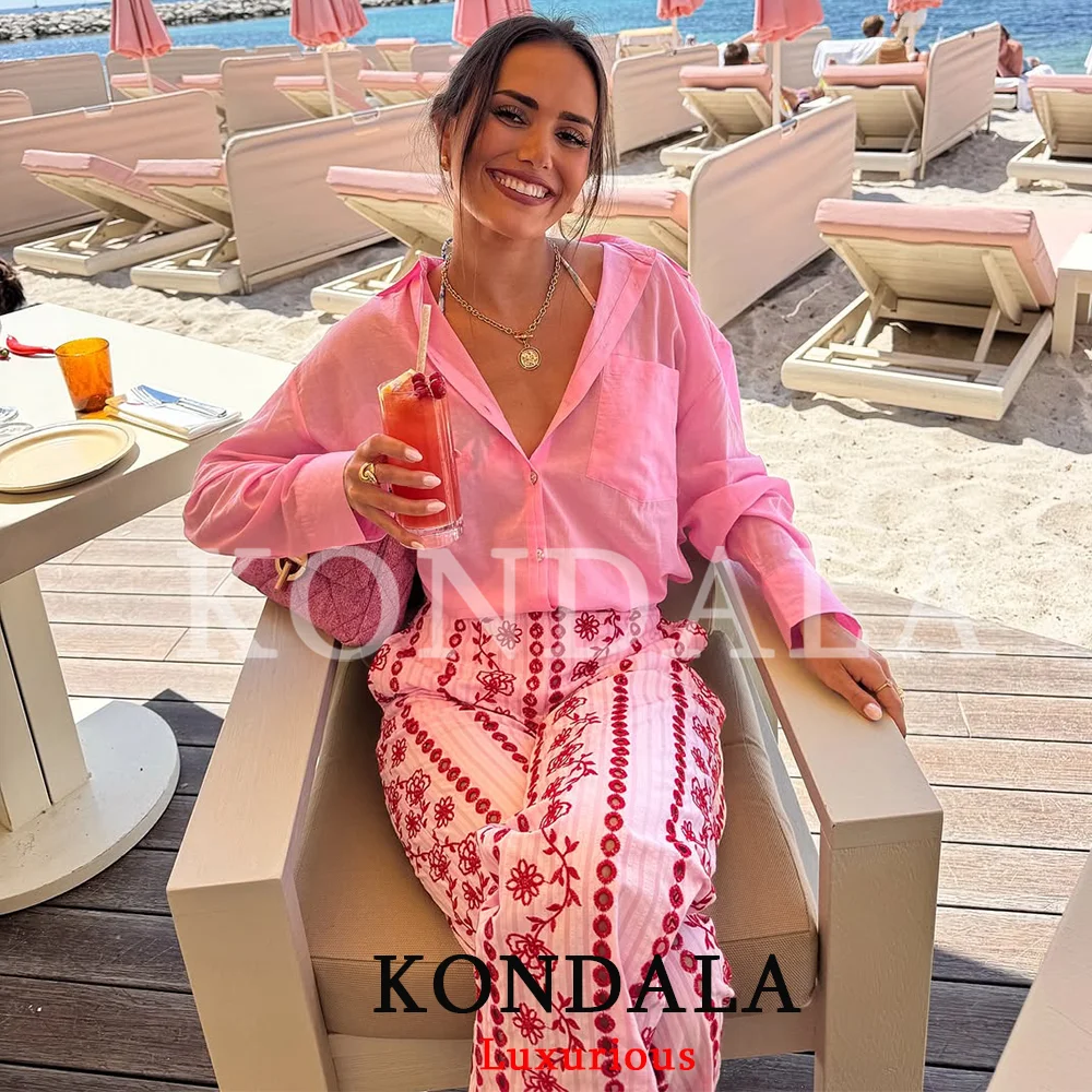 KONDALA Boho Chic Pink Embroidery Women Pants Wide Leg Vintage Holiday Women Pants Fashion 2026 Summer Elegant Long Pants image 2