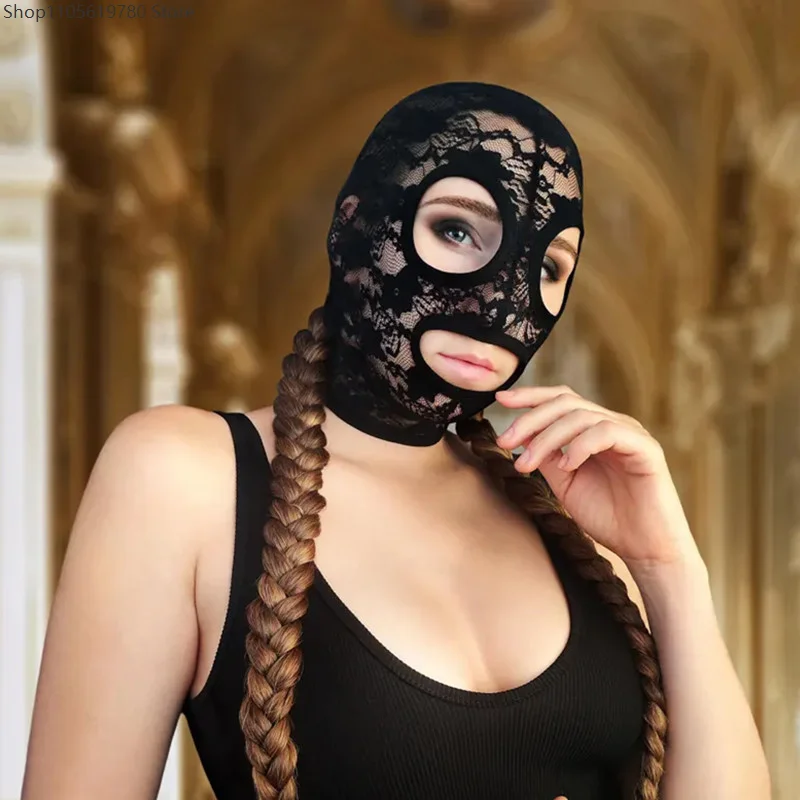Gothic Style Black Lace Full Head Hood Mask Floral Lace Texture Adjustable Tie Closure Eye‑Mouth Cutouts Cosplay Party Accessory 5