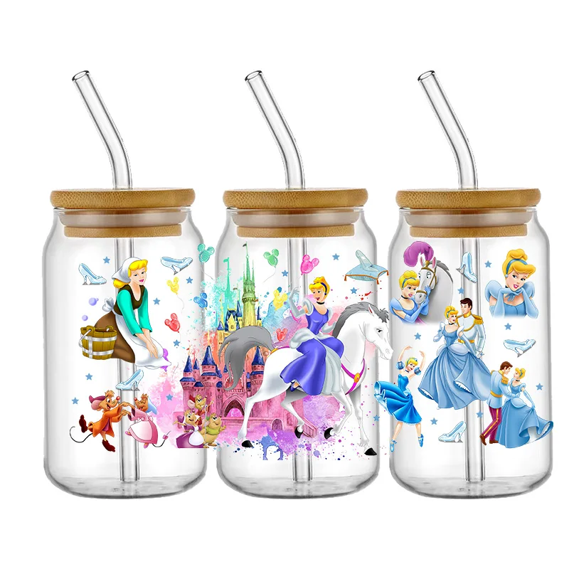 Disney Princess 16oz Libbey UV DTF Glass Can Wrap Cartoon Movie Magical Glass Can Design Princess Tumbler Wrap