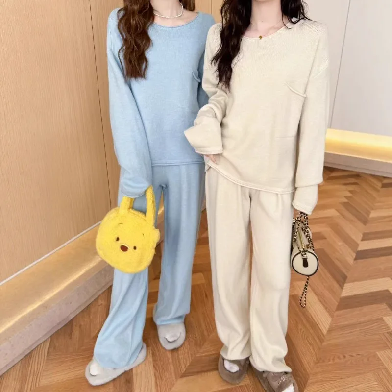 

Осень-зима, новый домашний свободный однотонный вязаный пуловер с длинными рукавами + длинные брюки с эластичной резинкой на талии, комплект из 2 предметов, мягкие универсальные шерстяные длинные брюки