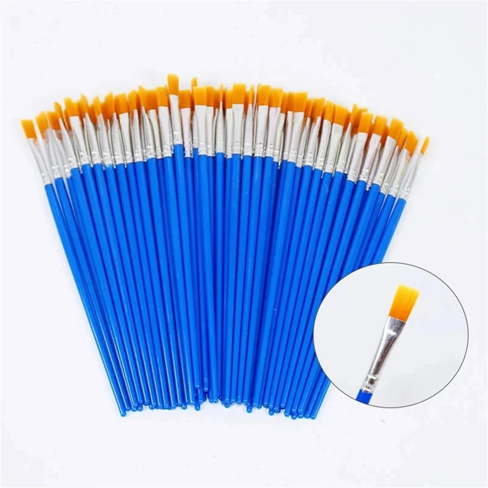 100pcs/bag Painting Brushes Set Art Blue Holder Flat Hair Nylon Hair Paint Brush for Oil Acrylic Watercolor Art Supplies